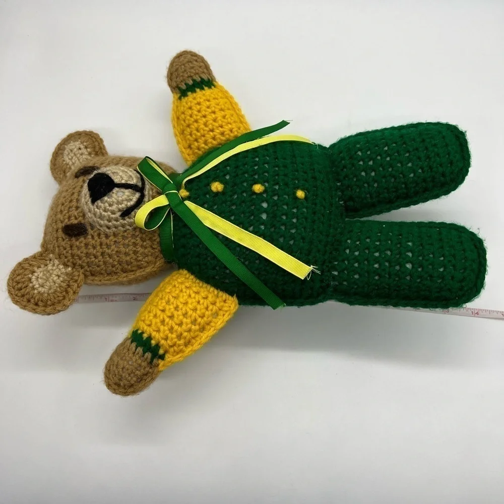 ADORABLE CROCHETED TEDDY BEAR I. GREEN AND BRIGHT YELLOW